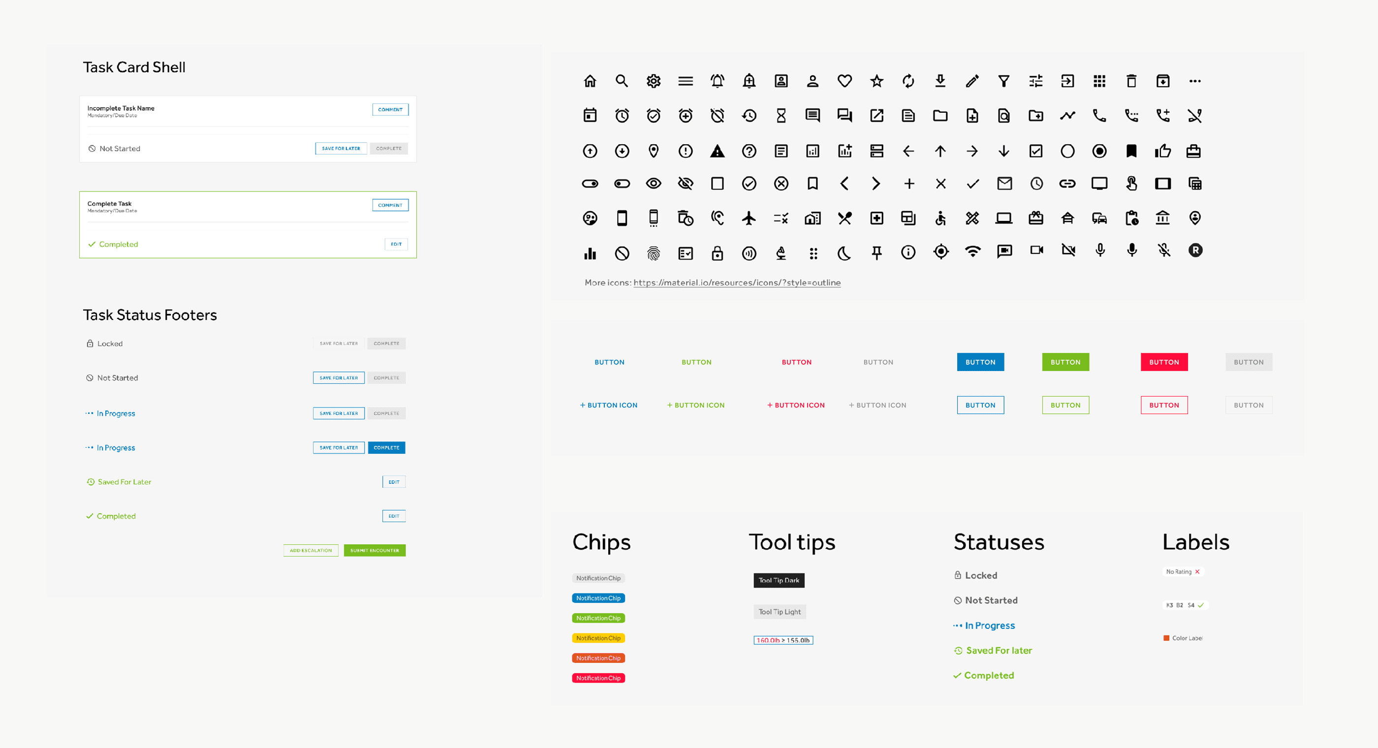 Medtronic design system component documentation showing task cards, icons, buttons, labels and statuses.