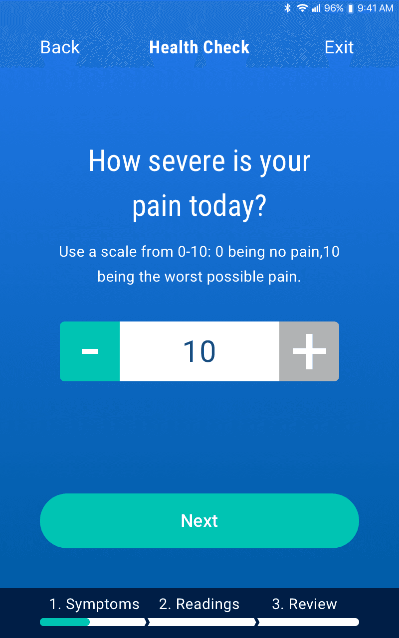 Medtronic NetResponse mobile pain severity question screen.