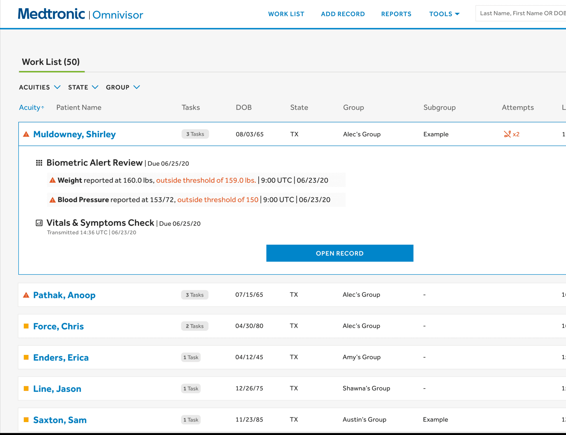 Medtronic Omnivisor clinician care management worklist screen.