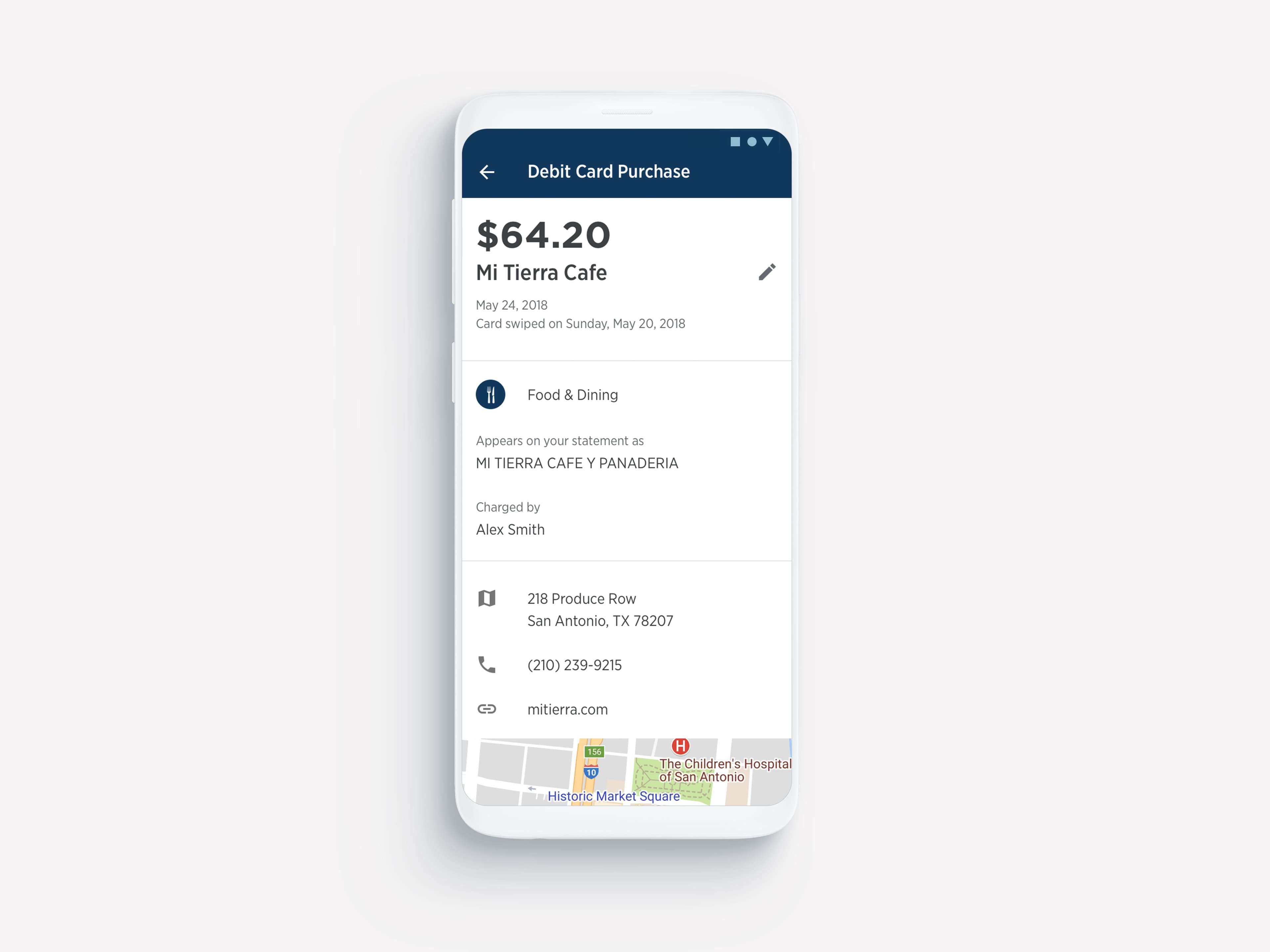 USAA Mobile Accounts transaction detail screen showing purchase amount, merchant, category and location information.