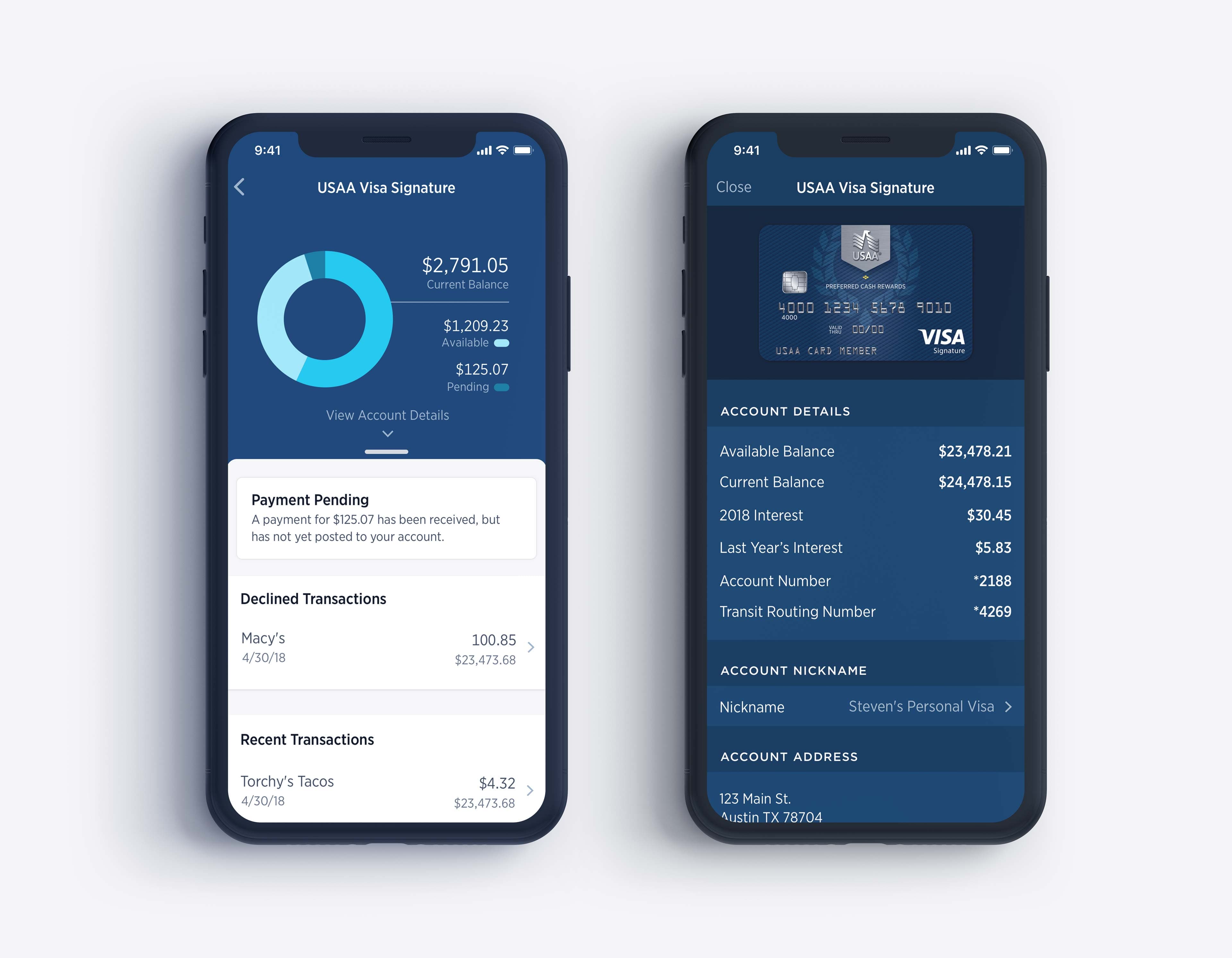 High-fidelity USAA Mobile Accounts concept screens showing balances, pending payments and account details.