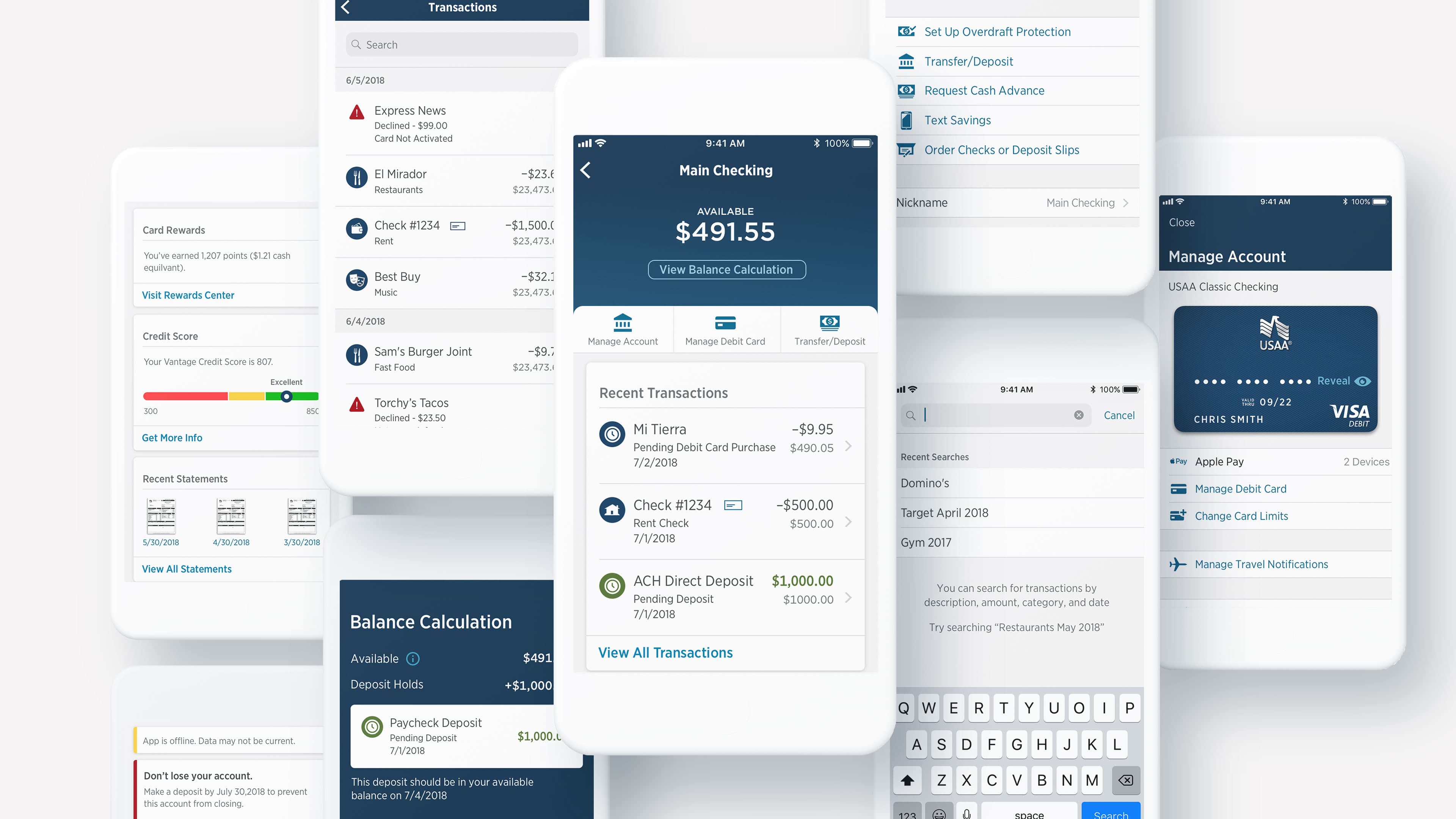 USAA Mobile Accounts detailed product design showcase with account summary, transactions, search and account management screens.