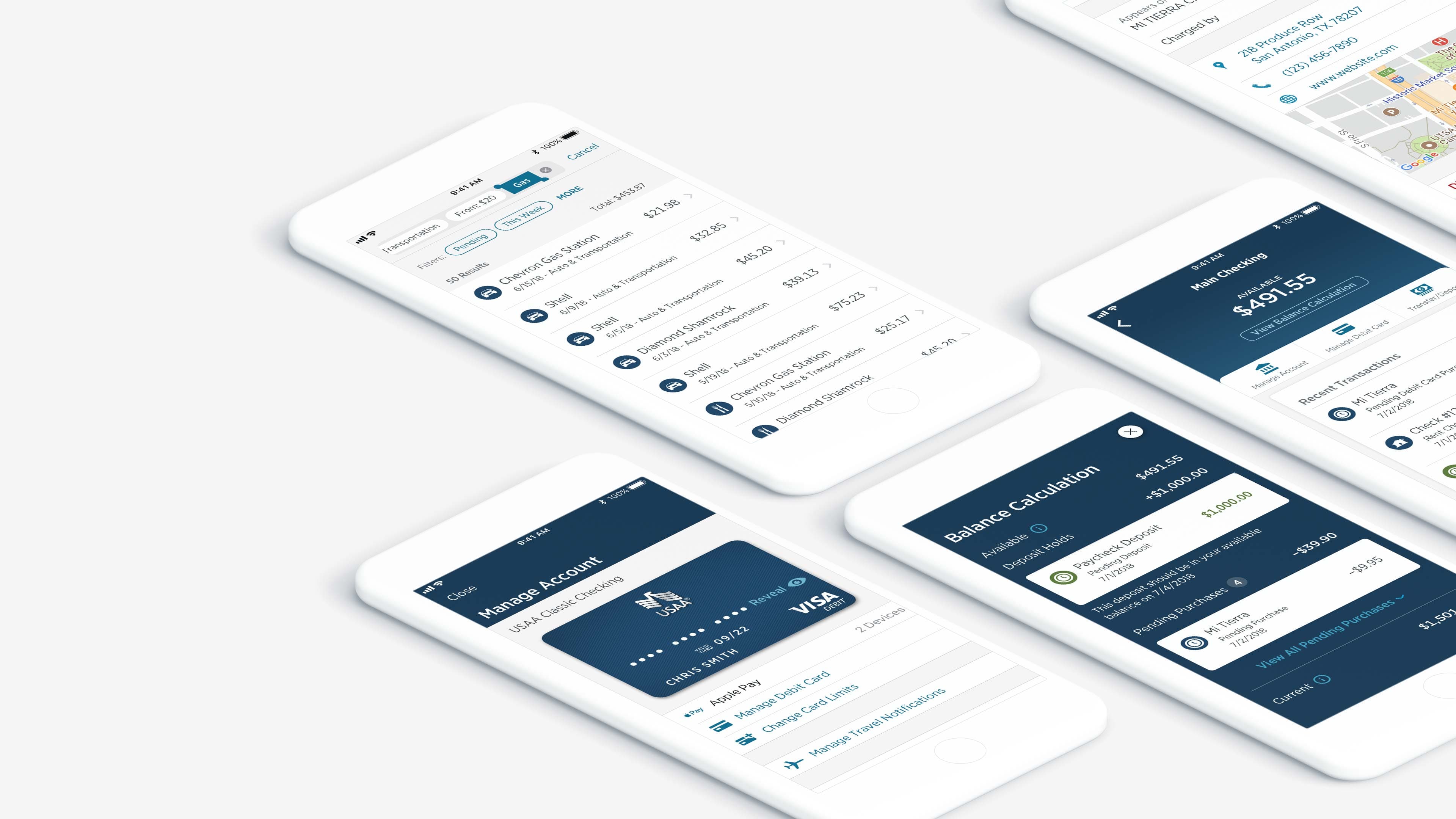 USAA Mobile Account Summary concept screens arranged across multiple iPhones.