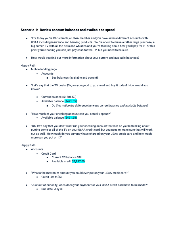 USAA Mobile Accounts testing scenario artifact focused on account balances and available spending.
