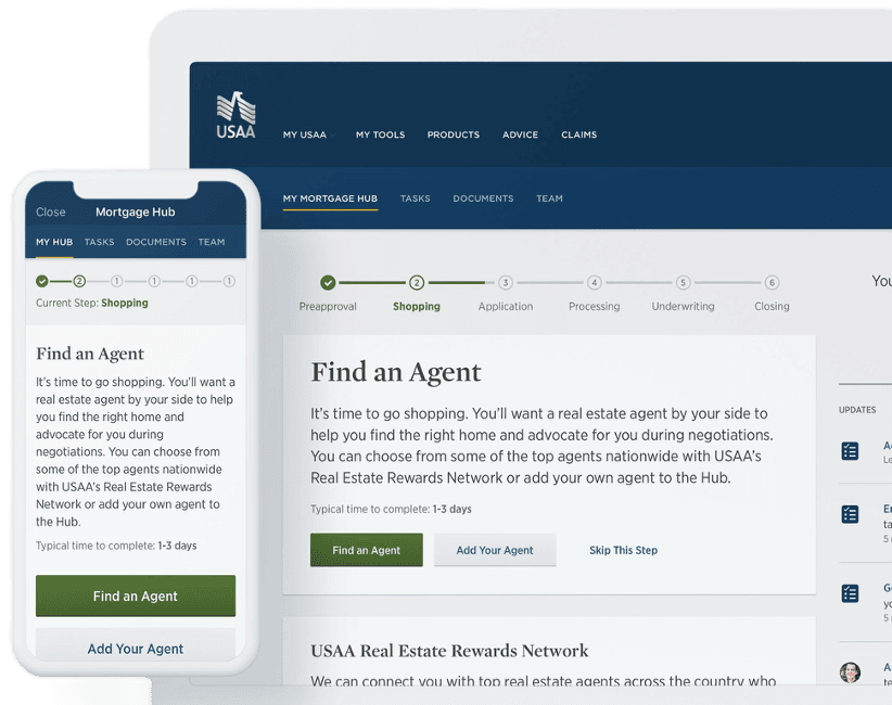 USAA Mortgage Hub Find an Agent desktop and mobile experience.