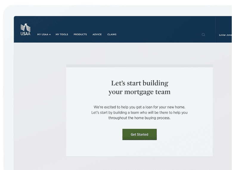 USAA Mortgage Hub get started experience.
