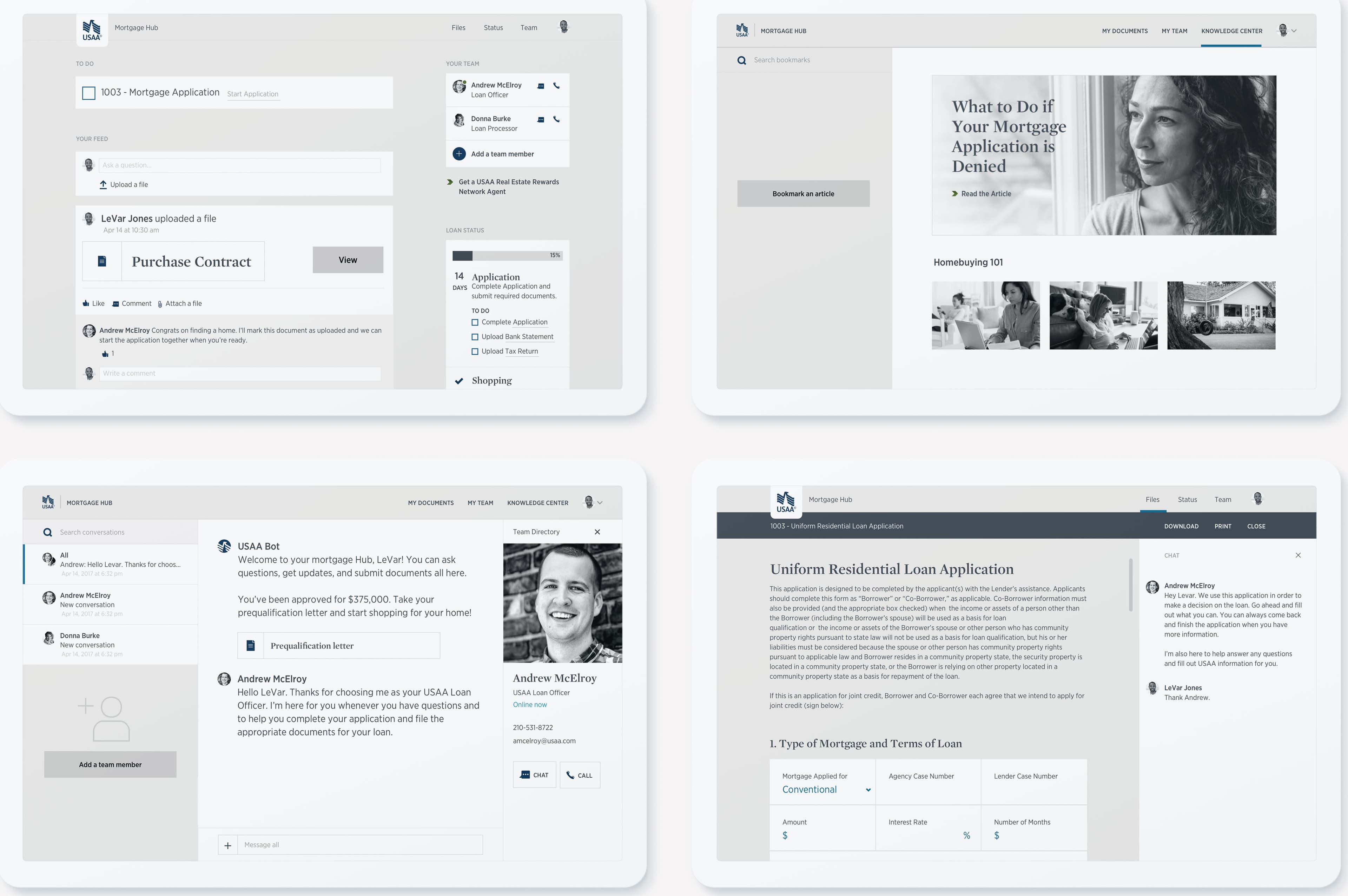 Four exploratory USAA Mortgage Hub concept screens.